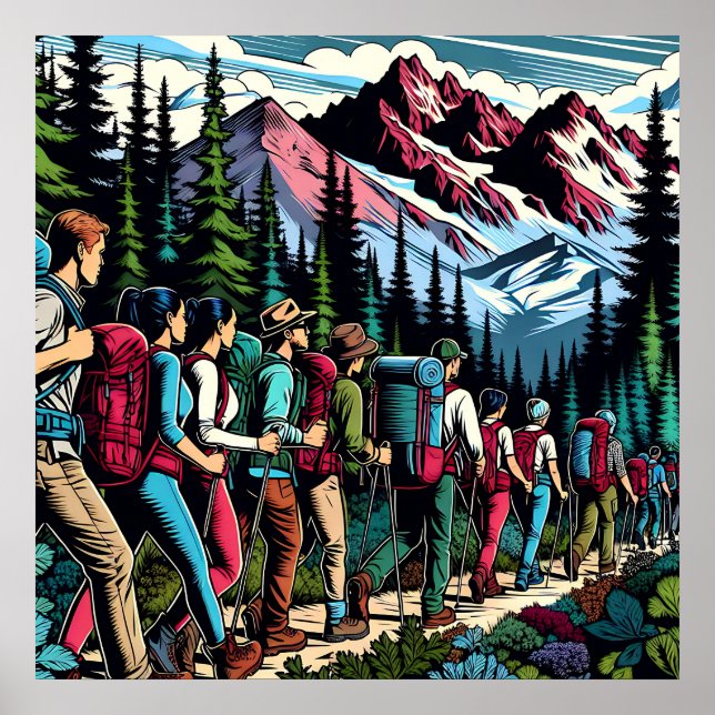 Backpacking People Hiking Trail through Mountains Poster (Front)