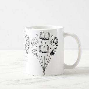 backpacks and erasers, all floating  coffee mug