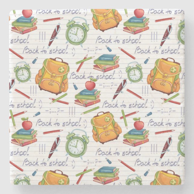 Backpacks, Books, & Pencils Cartoon Pattern Stone Coaster (Front)