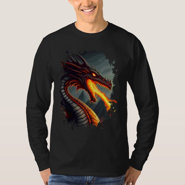 Backprint Terrifying fire breathing fire dragon T-Shirt (Front)