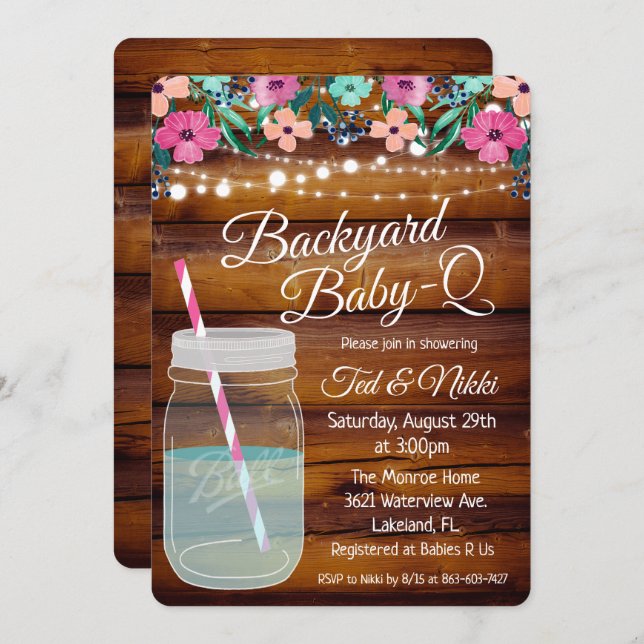 Backyard Baby Q Mason Jar Invitation (Front/Back)
