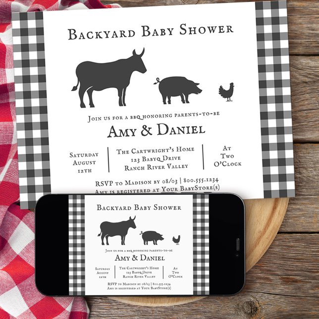 Backyard Baby Shower Rustic Grey Plaid Invitation (Backyard BBQ neutral baby shower invitation from my rustic farmhouse BBQ collection
)