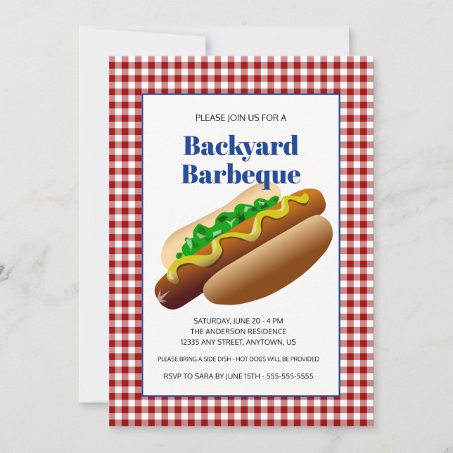Backyard Barbeque Hot Dogs | Red Checked Invitation (Front)