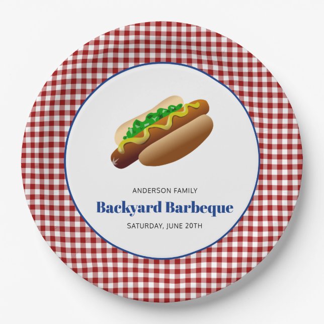 Backyard Barbeque Hot Dogs | Red Checked Paper Plate (Front)