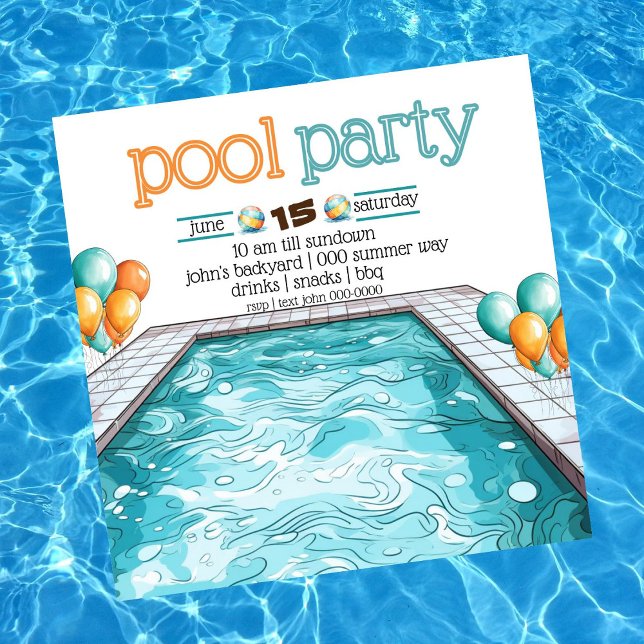 Backyard BBQ and Pool Party in Aqua Blue | Orange Invitation (Fun and colorful pool party customizable invitation with aqua and orange balloons. )