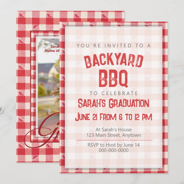 Backyard BBQ Casual Grad Party Cookout Gingham Red Invitation (Front/Back)
