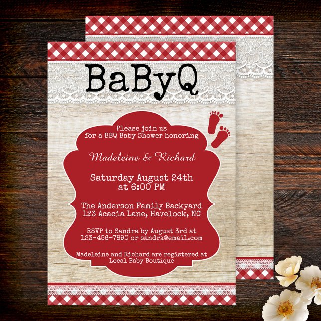 Backyard BBQ Couples Baby Shower Invitation (Rustic baby shower invitation in BBQ backyard style featuring a picnic table cloth with lace on wood)