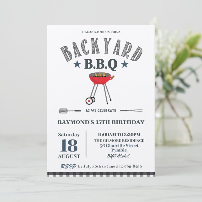 Backyard BBQ Male Birthday Black Gingham Craft Invitation (Standing Front)