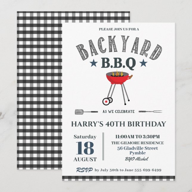 Backyard BBQ Male Birthday Black Gingham  Invitation (Front/Back)
