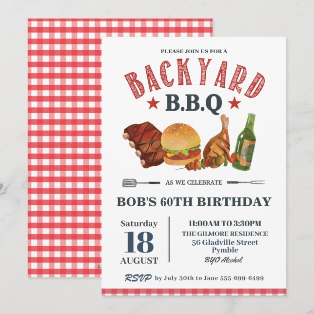 Backyard BBQ Male Birthday Red Gingham Beer Invitation (Front/Back)
