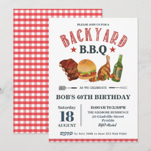 Backyard BBQ Male Birthday Red Gingham Beer Invitation
