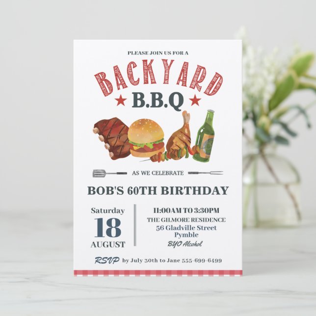 Backyard BBQ Male Birthday Red Gingham Craft Invit Invitation (Standing Front)