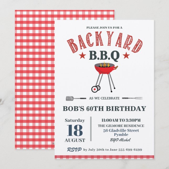 Backyard BBQ Male Birthday Red Gingham Craft Invitation (Front/Back)