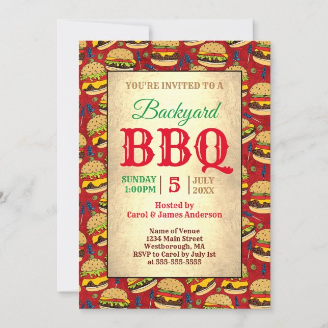 Backyard BBQ Party Burgers Red Invitation (Front)