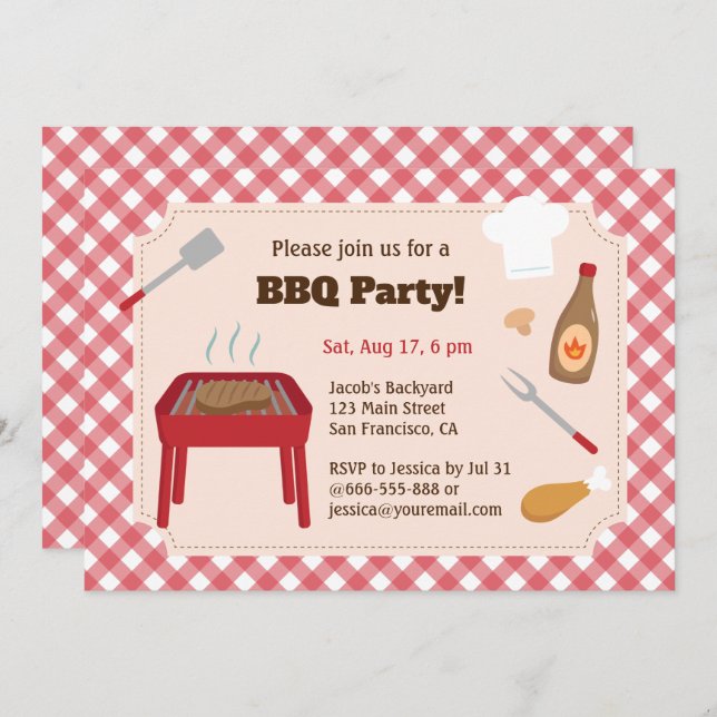 Backyard Bbq Party Red Plaid Pattern Invitation (Front/Back)