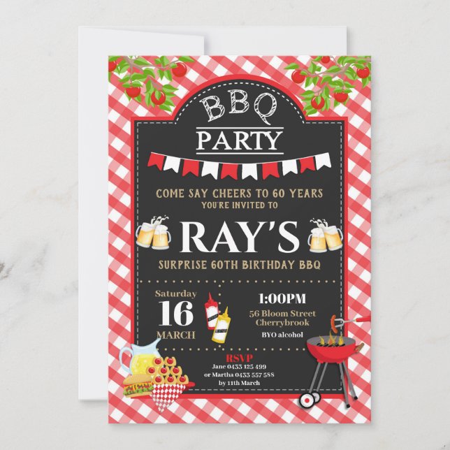 Backyard BBQ Surprise Birthday Party Beer Gingham Invitation (Front)