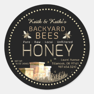 Backyard Bees Hives and Little Bees on Black Squar Classic Round Sticker