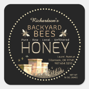 Backyard Bees Hives and Little Bees on Black Squar Square Sticker