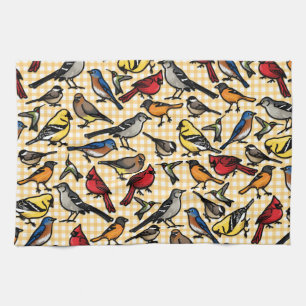 Backyard Birds on Yellow Gingham Tea Towel