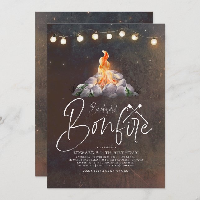 Backyard Bonfire Birthday Party Modern Elegant Inv Invitation (Front/Back)