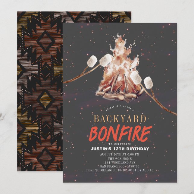 Backyard Bonfire Camping S'mores BBQ Birthday Invitation (Front/Back)