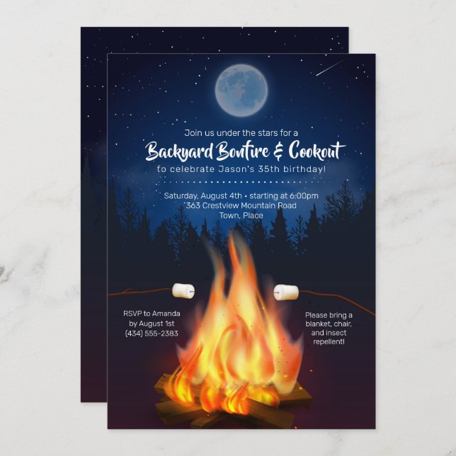 Backyard Bonfire Cookout Birthday BBQ Party Invitation (Front/Back)