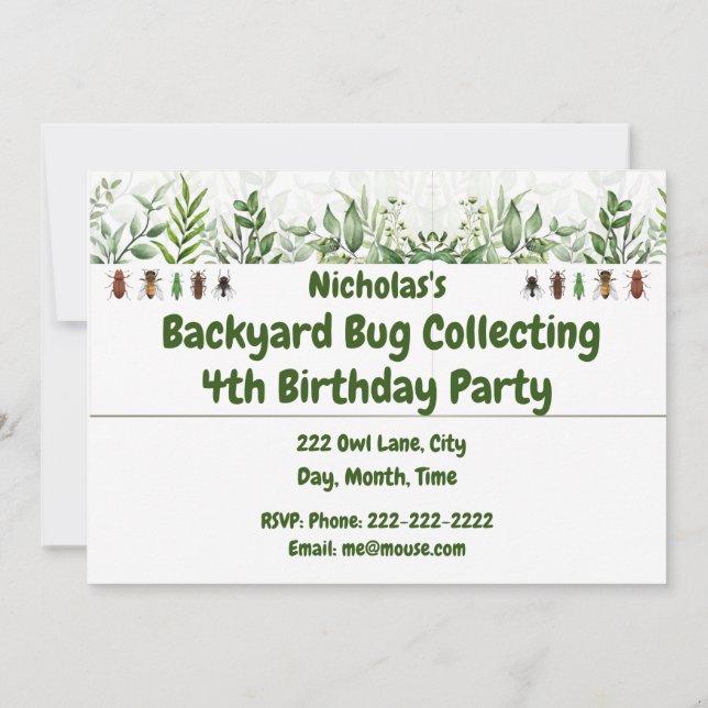 Backyard Bug Collecting Custom Birthday Party Invitation (Back)