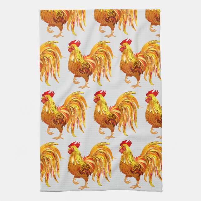 Backyard Chicken Farmer Golden Rooster Pattern Tea Towel (Vertical)