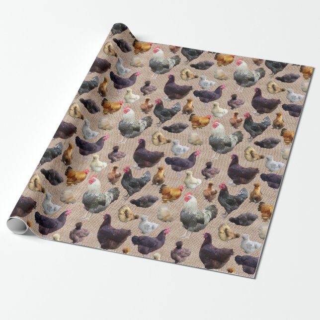 Backyard Chickens Burlap Wrapping Paper (Unrolled)