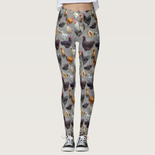 Backyard Chickens on Gray Burlap Leggings