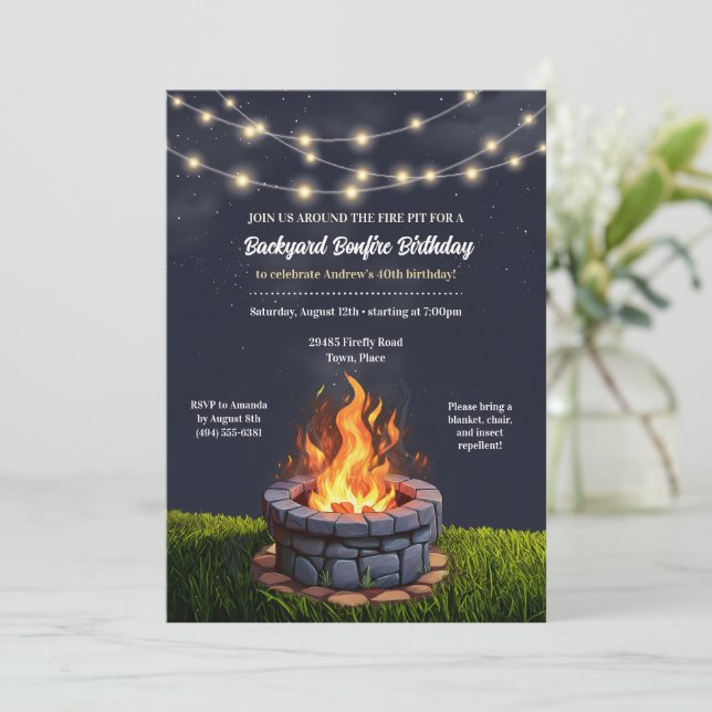 Backyard Fire Pit Bonfire Cookout, Birthday BBQ Invitation (Standing Front)