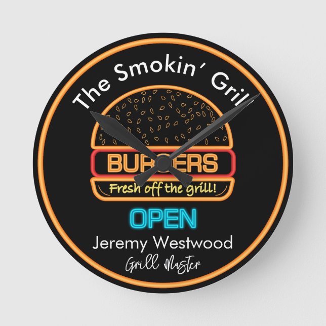 Backyard Grill Master Burgers Sign Wall Clock (Front)