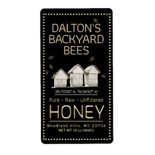 Backyard Hive Honey Jar Label Little Bees on Black