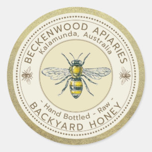 Backyard Honey Hand Bottled Honeybees Gold Rim  Cl Classic Round Sticker