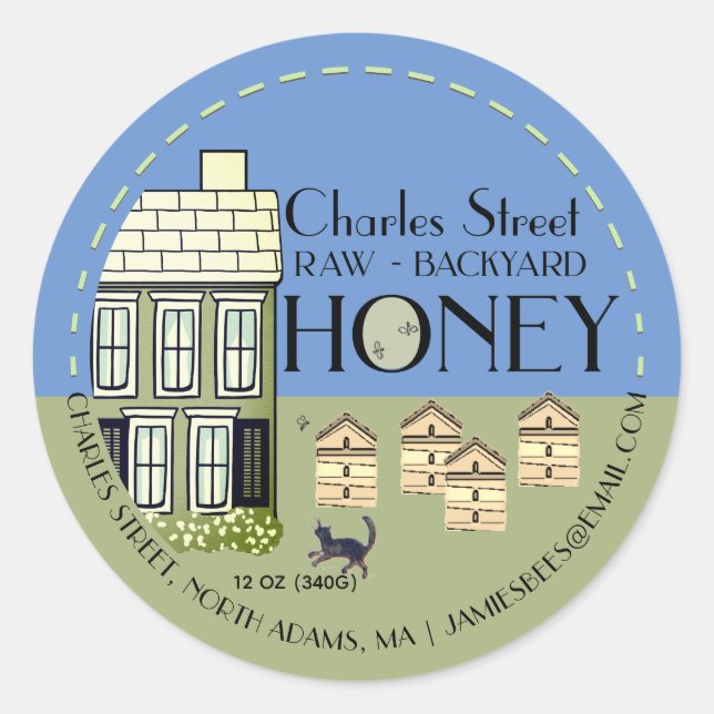 Backyard Honey Hives with bees and cat  Classic Ro Classic Round Sticker (Front)