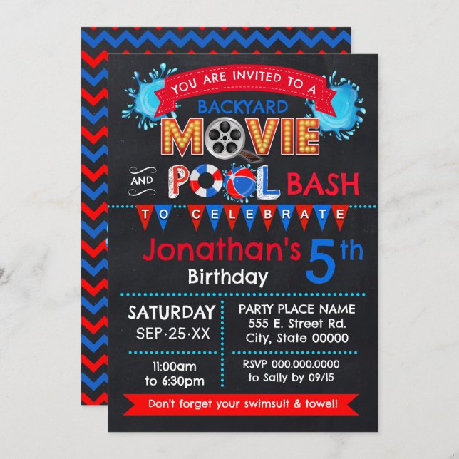 Backyard Movie and Pool Birthday Bash Invitation (Front/Back)