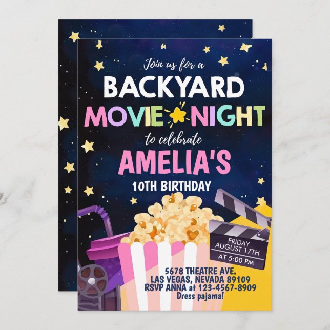 Backyard Movie Night Birthday Invitation Under The (Front/Back)
