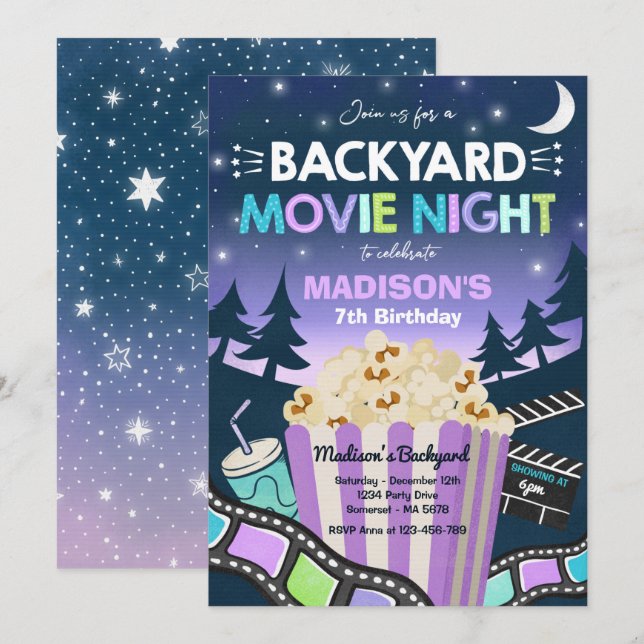 Backyard Movie Night Birthday Movie Under The Star Invitation (Front/Back)