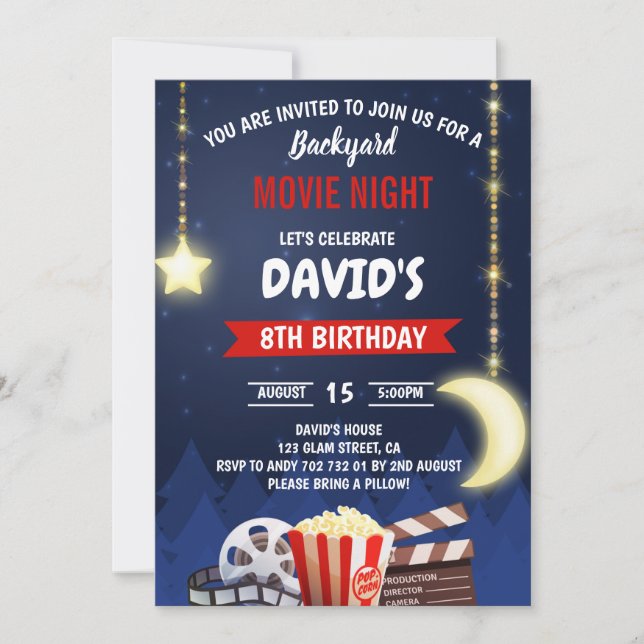 Backyard Movie Night Boy Birthday Party Invitation (Front)