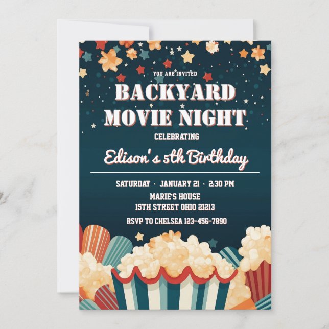 Backyard Movie Night PopCorn Birthday Party  Invitation (Front)