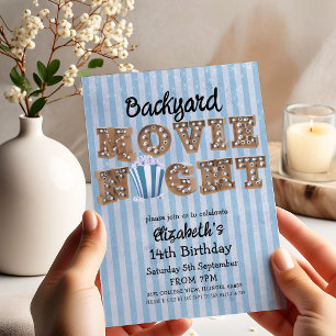 Backyard Movie Night Popcorn Marquee Lights Party Invitation