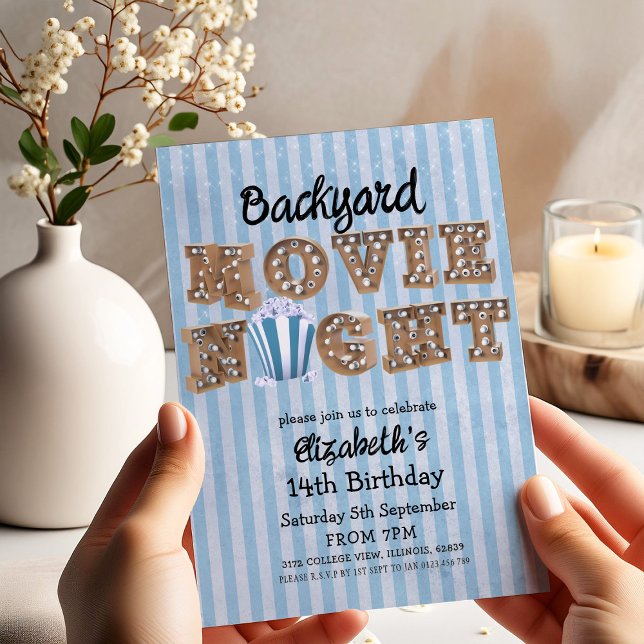 Backyard Movie Night Popcorn Marquee Lights Party Invitation (Creator Uploaded)