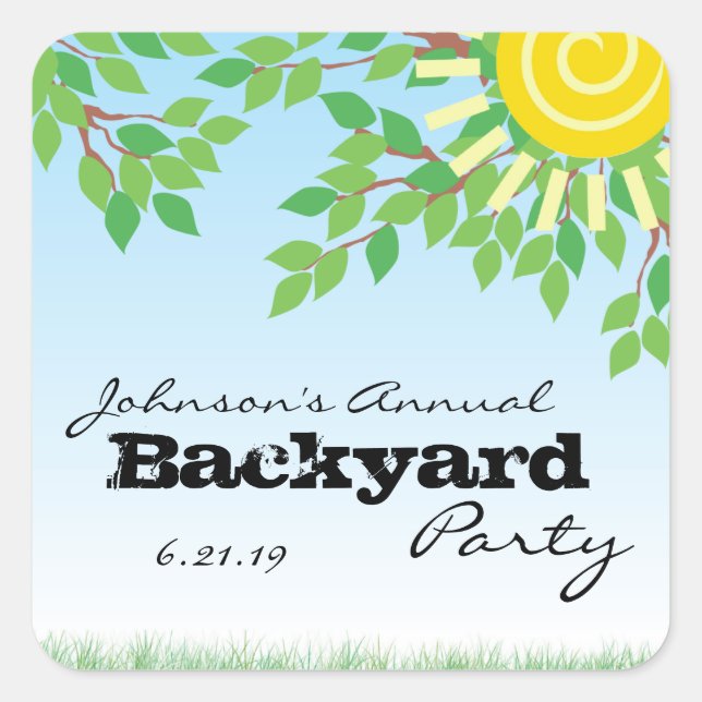 Backyard Party with Trees & Grass Personalised Square Sticker (Front)