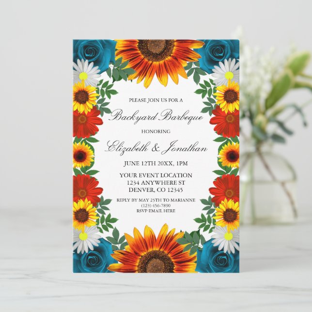 Backyard Summer Floral Backyard Barbeque Invitation (Standing Front)