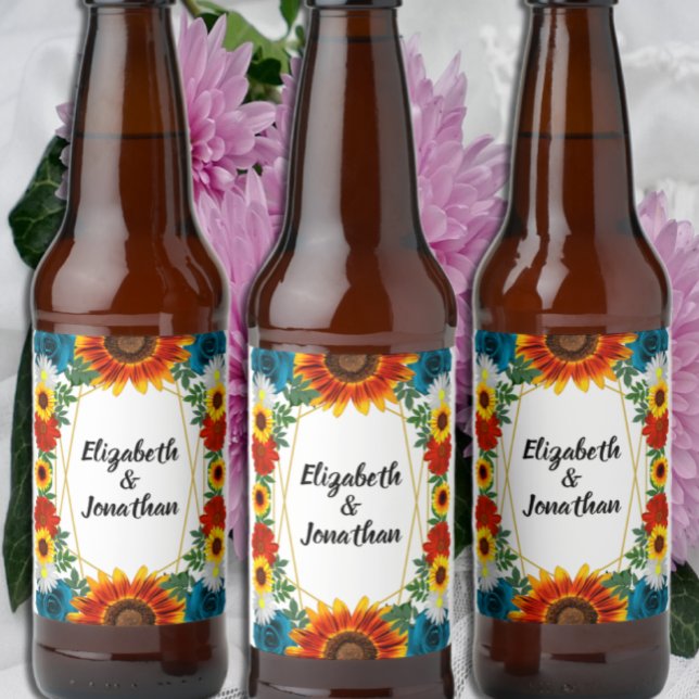 Backyard Summer Floral Geometric Wedding Beer Bottle Label (Creator Uploaded)