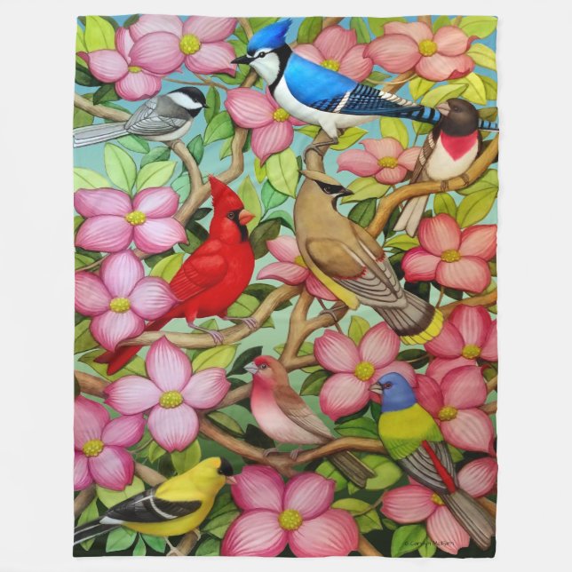 Backyard Wild Birds in Dogwood Fleece Blanket (Front)