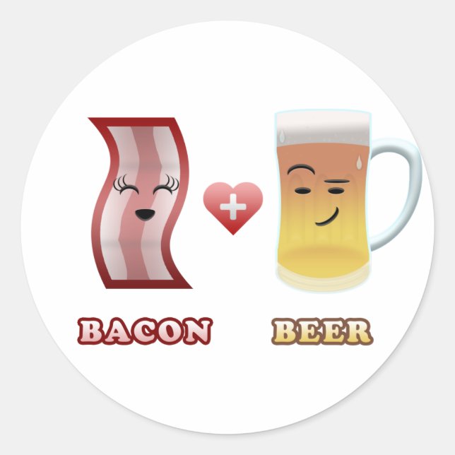 Bacon + Beer In Love Classic Round Sticker (Front)