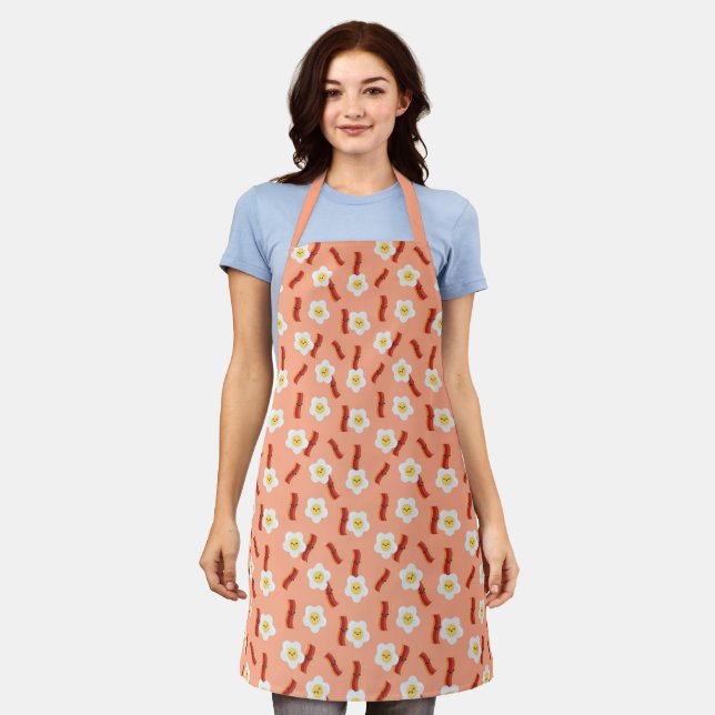Bacon & Eggs Cute Kawaii Character Pattern Pink Apron (Worn)