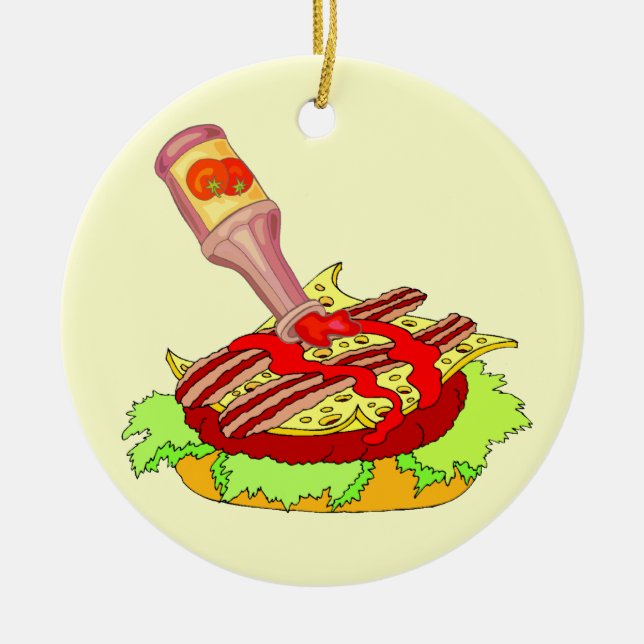 Bacon swiss cheeseburger with ketchup ceramic tree decoration (Front)