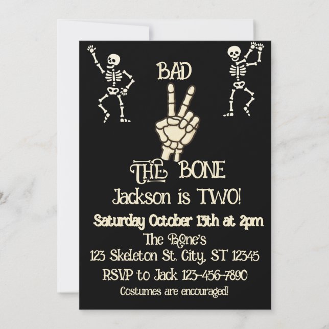 Bad 2 the bone  skeleton birthday party invitation (Front)